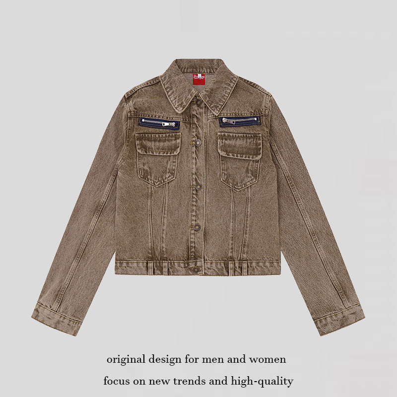 Women's short vintage denim jacket with chest pockets, zipper detail and button placket Chichicherry