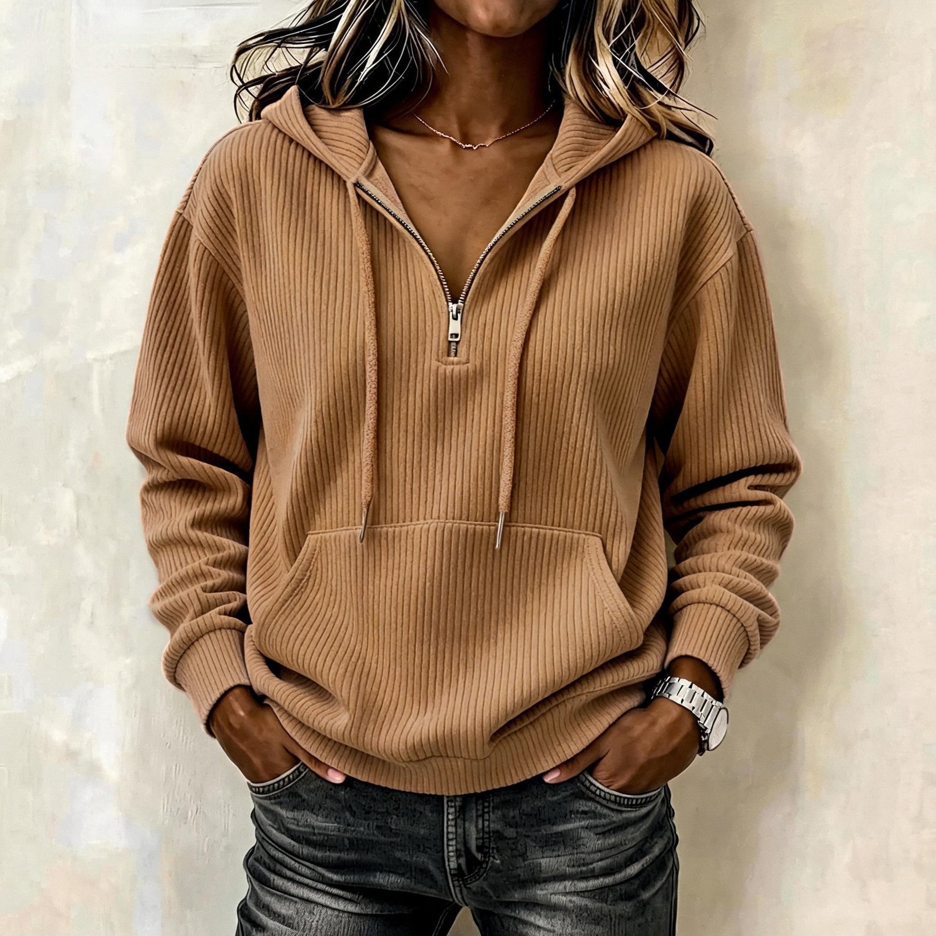 Damen Gestrickter Ripp-Hoodie mit halbem Reißverschluss, Kängurutasche und Oversize-Schnitt Chichicherry