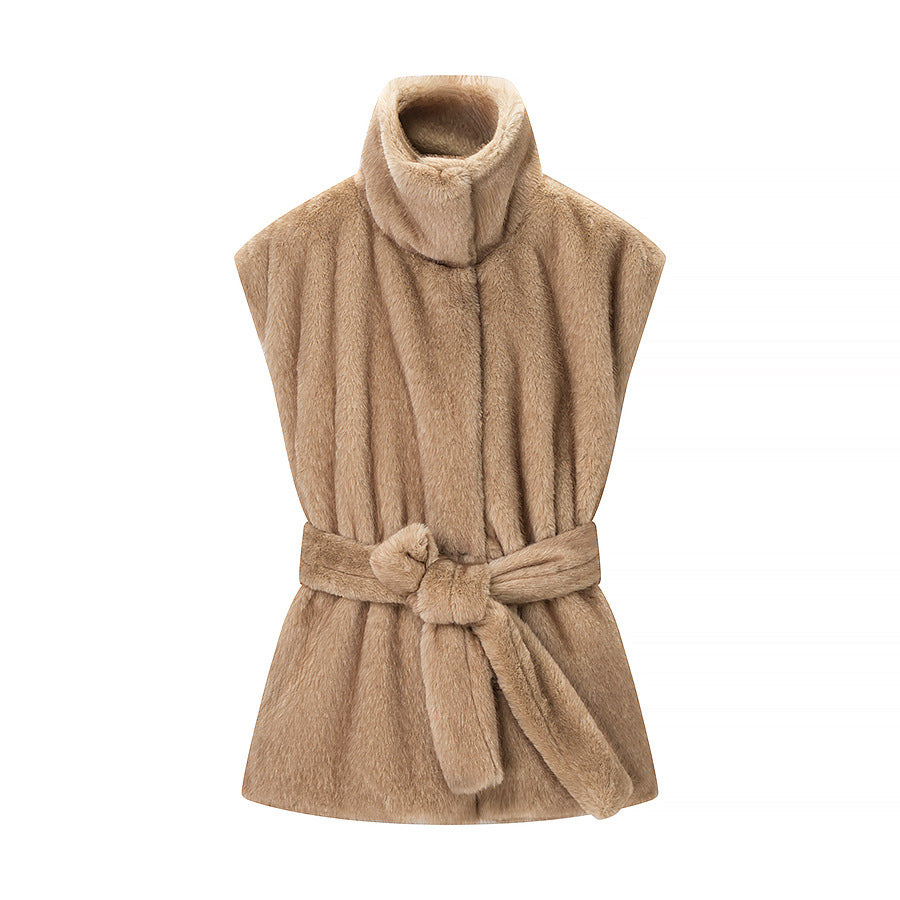 Women's Sleeveless Faux Fur Vest with High Stand-Up Collar and Tailored Tie Belt Chichicherry