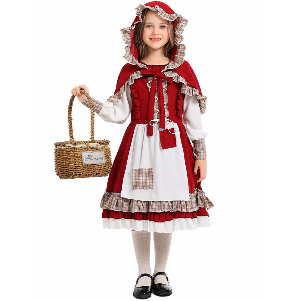 Girl Fairy Tale Little Red Riding Hood Costume with Hood and Ruffles Chichicherry
