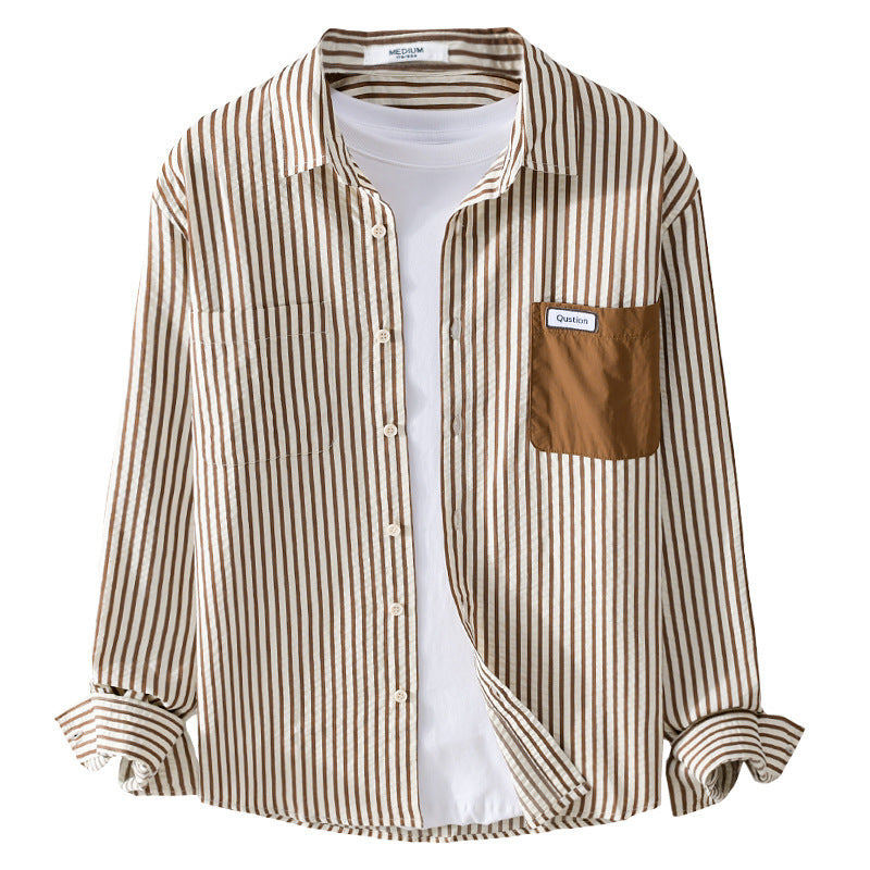 Men Striped Long Sleeve Overshirt made of Cotton Blend with Contrasted Chest Pocket Chichicherry