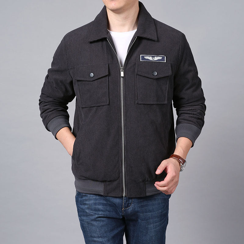 Men's cord work jacket in shirt jacket look with chest flap pockets and zipper Chichicherry
