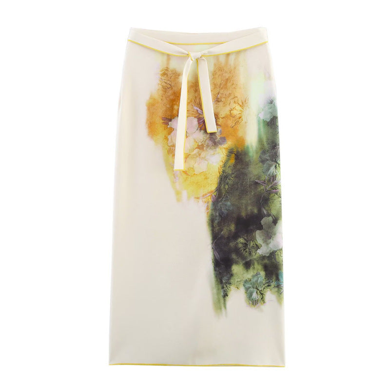 Women's midi skirt with watercolor print, straight cut and decorative tie belt Chichicherry