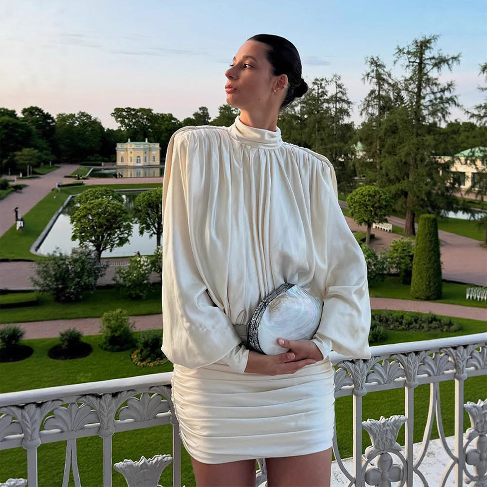 Ladies Elegant Draped Mini Dress with Stand Collar, Balloon Sleeves and Ruched Skirt Chichicherry