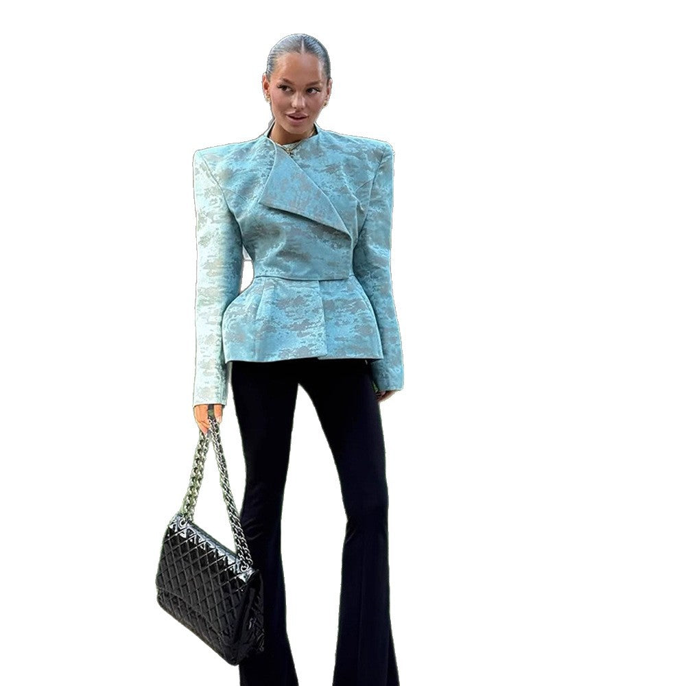 Ladies Tailored Jacquard Blazer with Defined Shoulders, Peplum and Asymmetrical Lapel Chichicherry