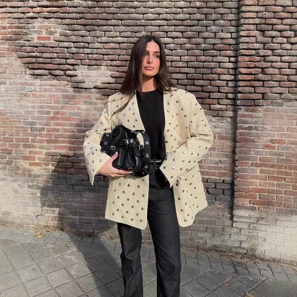 Women Longline Blazer with Sequin Embellishment in Polka Dot Optics Chichicherry