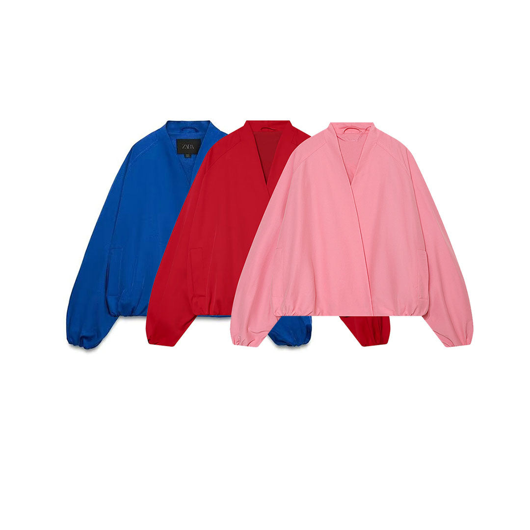 Women's bomber-style short jacket with kimono collar, balloon sleeves, and elastic hem Chichicherry