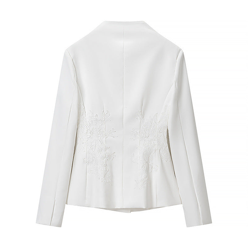 Women's tailored short blazer with standing collar and floral tone-on-tone embroidery Chichicherry