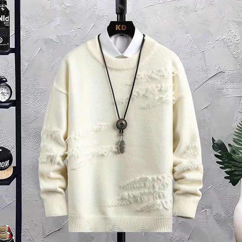 Herren Oversized Strickpullover mit Fransen‑Used‑Details und Rundhalsausschnitt Chichicherry