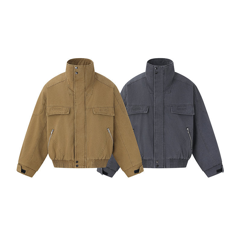 Men's short-cut canvas bomber jacket with high stand-up collar, concealed front placket, and zip pockets Chichicherry