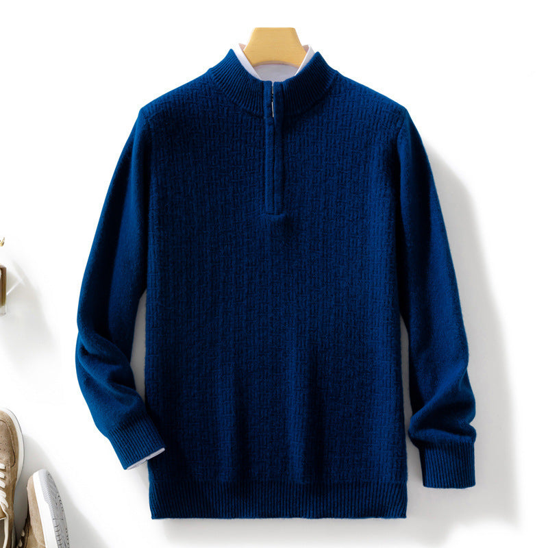 Men's Semi-high Fine Knit Sweater with Short Stand-Up Collar and Half Zipper Chichicherry