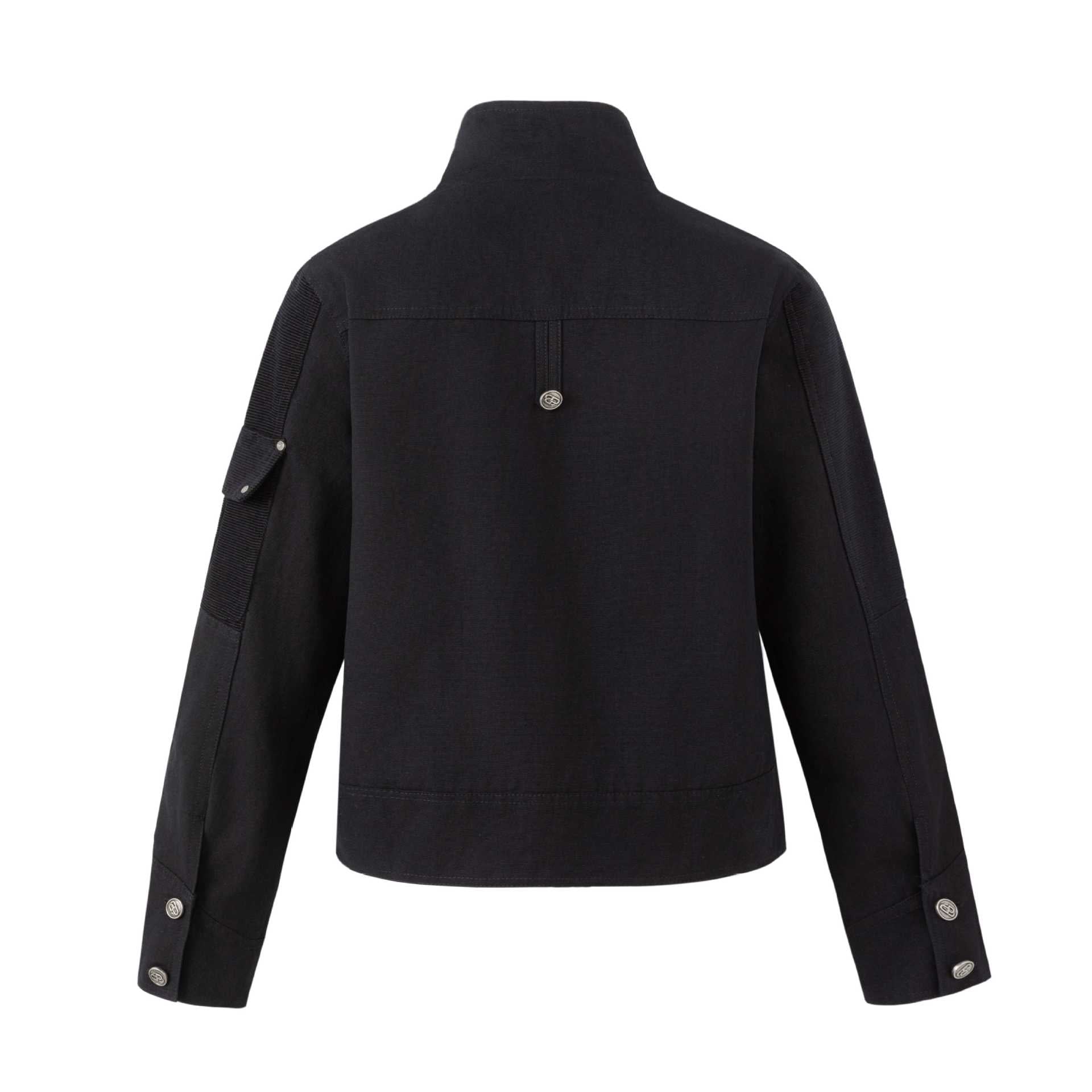 Men's military-inspired short jacket with stand-up collar, belt straps, and decorative flap pockets Chichicherry