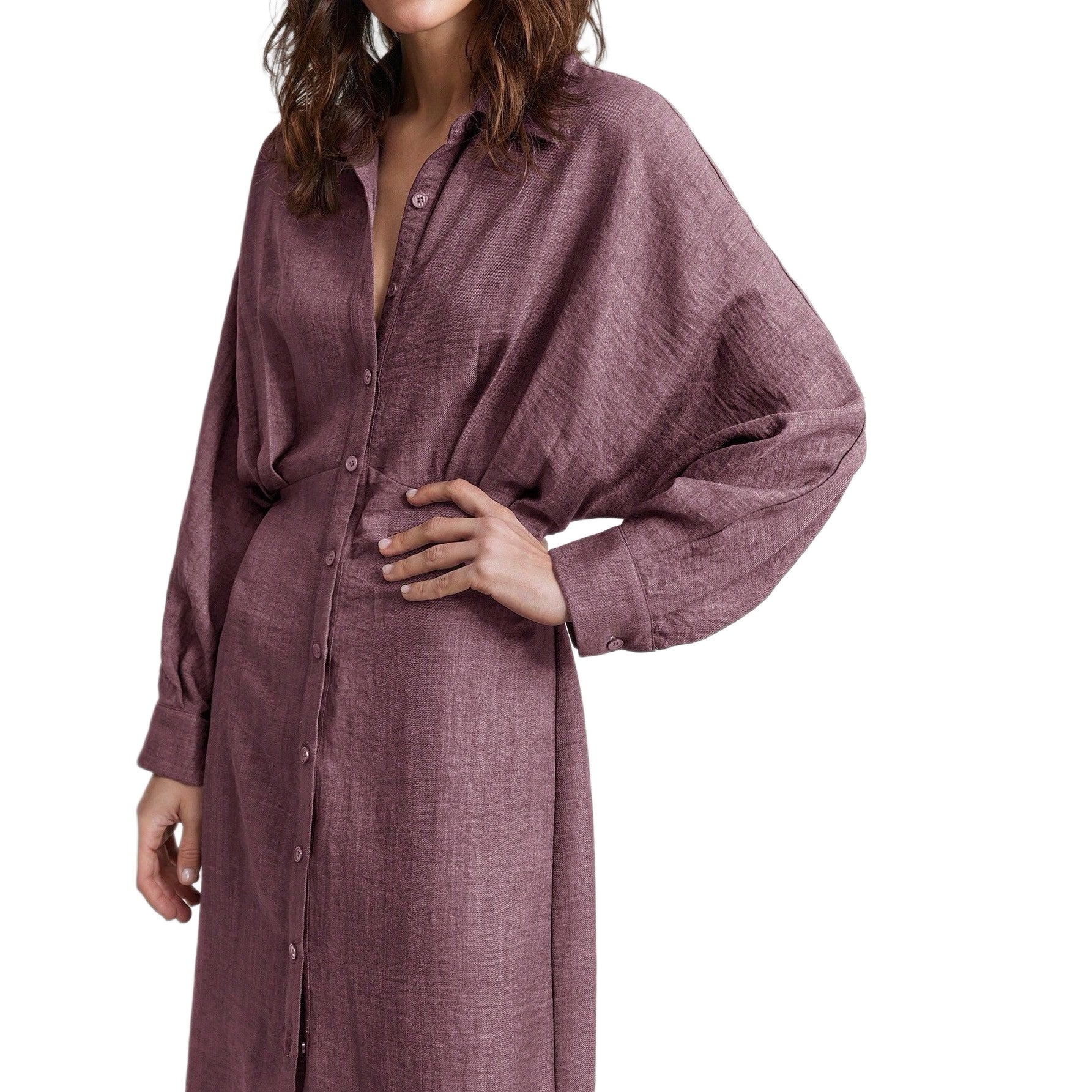 Damen Leinen-Maxikleid mit Hemdkragen, durchgehender Knopfleiste und Fledermausärmeln Chichicherry
