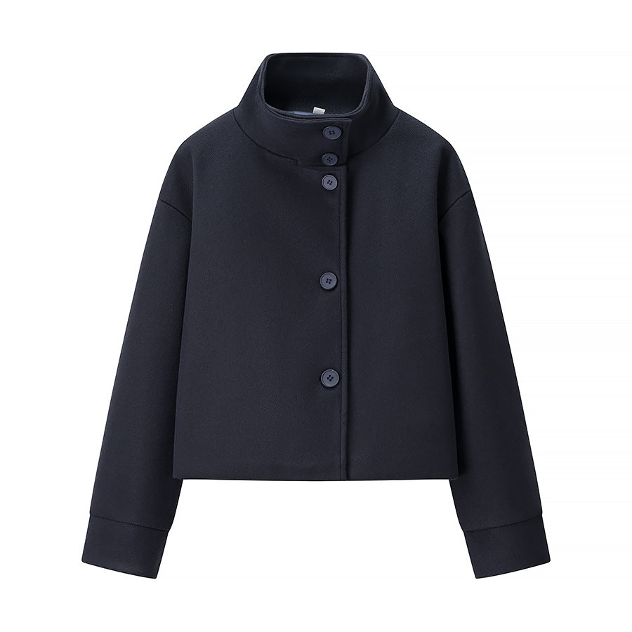 Women's Short Jacket Boxy Wool Blend with Stand-Up Collar, Oversized Sleeves and Button Placket Chichicherry