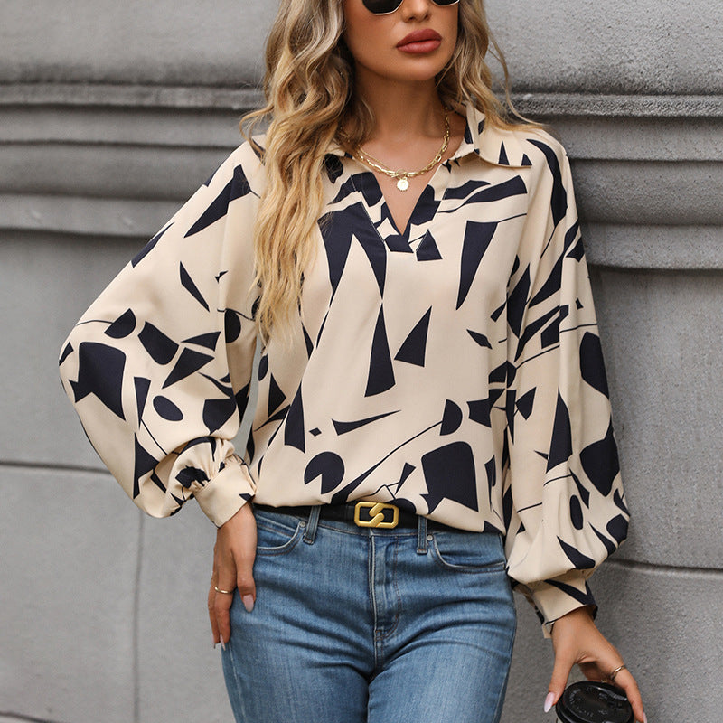 Women's viscose blouse with abstract graphic print, V-neck & balloon sleeves Chichicherry