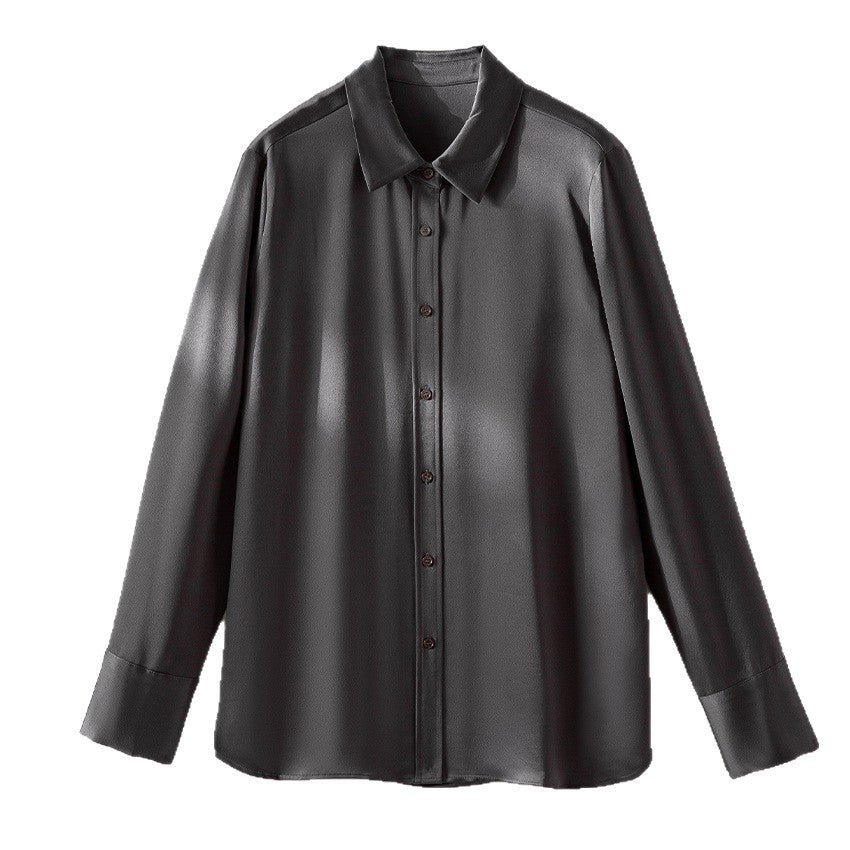 Women's Silk Look Blouse with Shirt Collar, Concealed Button Placket and Extended Cuff Detail Chichicherry