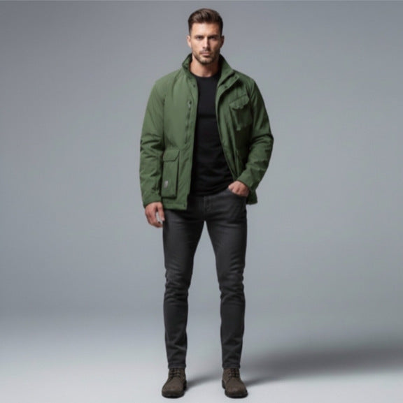 Men's Lightweight Utility Field Jacket with Stand-Up Collar, Multiple Pockets and Breathable Mesh Lining Chichicherry