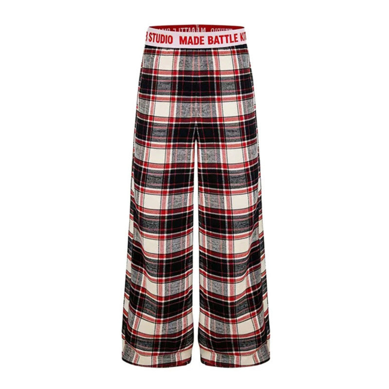 Ladies Wide Lounge Pants with Check Pattern and Elastic Logo Waistband Chichicherry