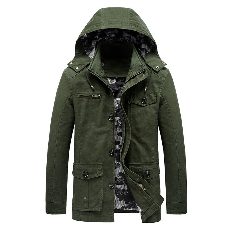 Men's Hooded Canvas Field Jacket with Camouflage Lining, Multifunctional Pockets and Zipper Button Placket Chichicherry