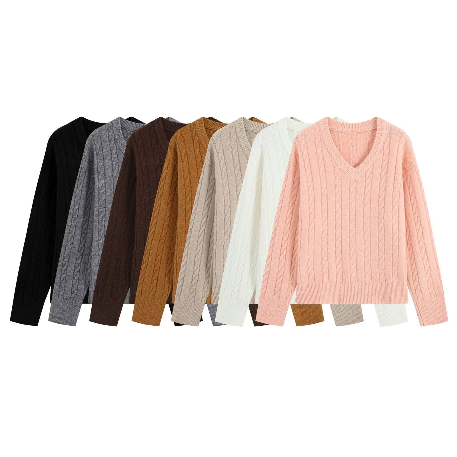 Women's Oversize Cable Knit Sweater with V-Neck and Wide Ribbed Cuff Chichicherry