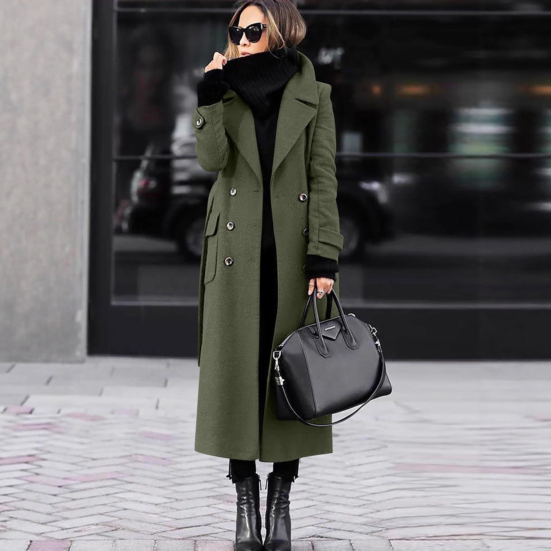 Women's double-breasted wool blend maxi coat with wide lapels and patch pockets Chichicherry