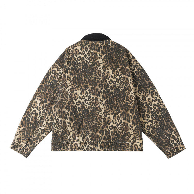 Unisex Boxy Denim Jacket in Leopard Print with Corduroy Collar, Zipper and Fringe Trim Chichicherry