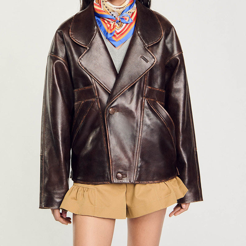 Women's Oversize Faux Leather Bomber Jacket with Round Collar and Distinctive Seam Details Chichicherry