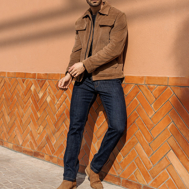 Men's short jacket made of fine corduroy with a shirt collar, zipper, and flap pockets Chichicherry