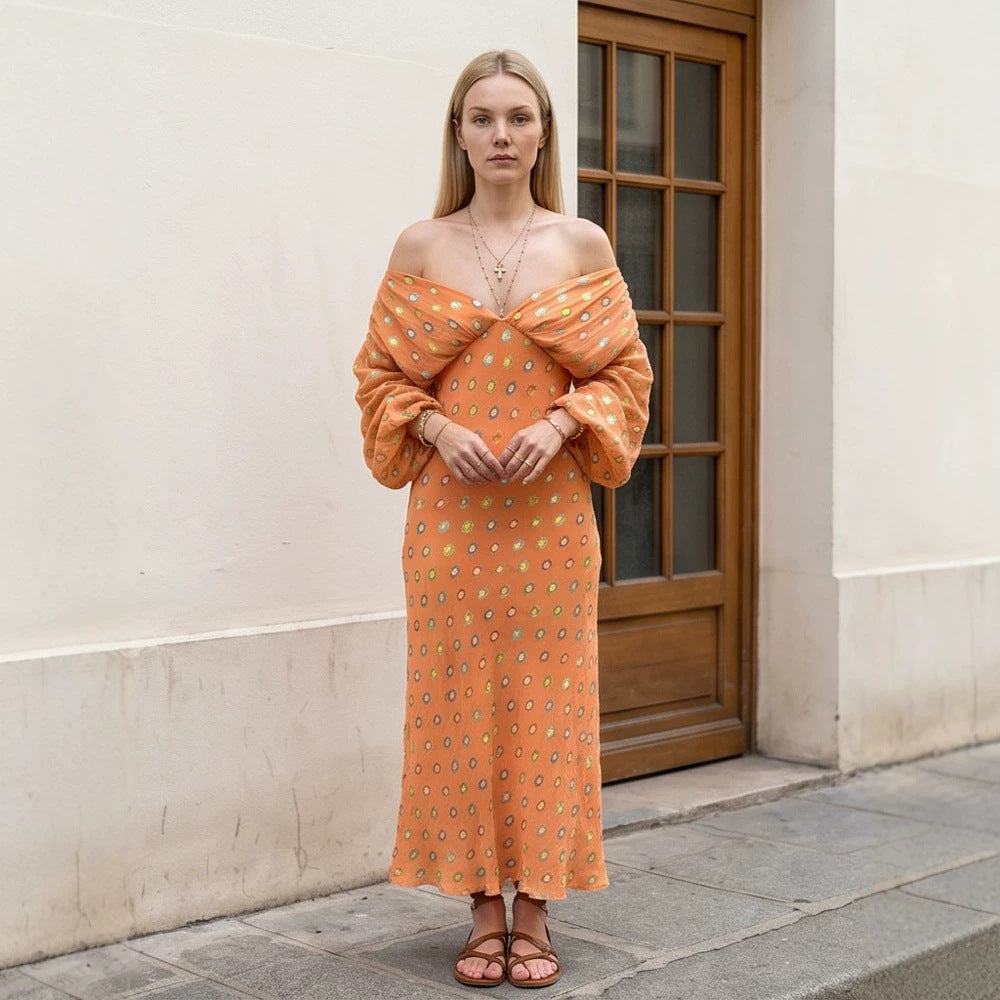 Women Elegant Off-Shoulder Maxi Dress with Twisted Front and Balloon Sleeves Chichicherry