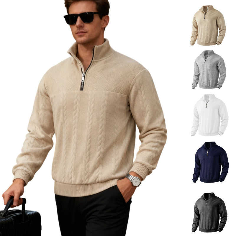 Men's chunky knit half-zip sweater with cable pattern and stand-up collar Chichicherry