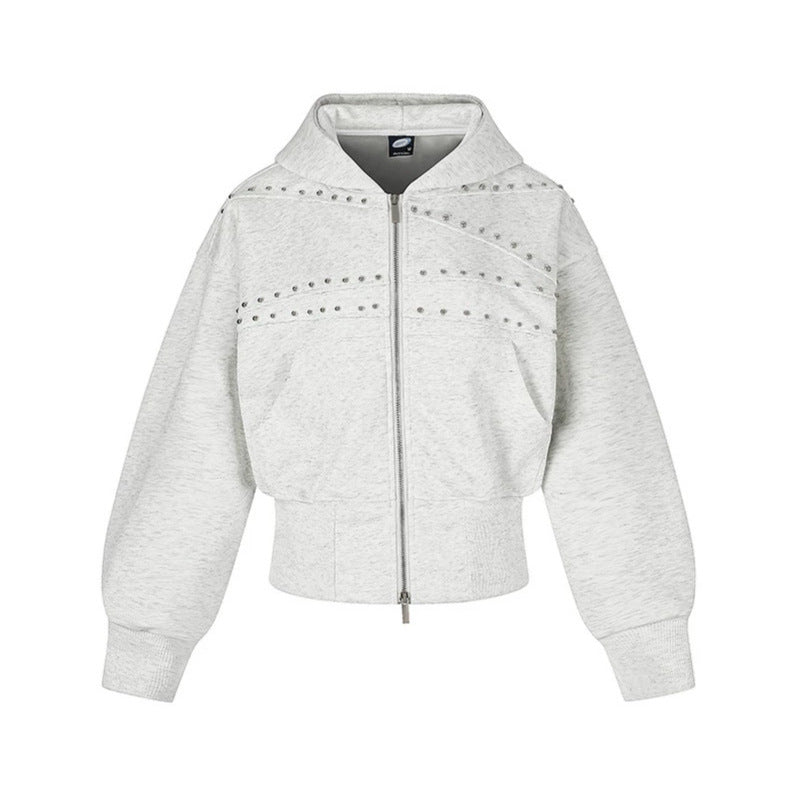 Women's short-cut zip hoodie with metallic stud detailing and wide ribbed hem Chichicherry