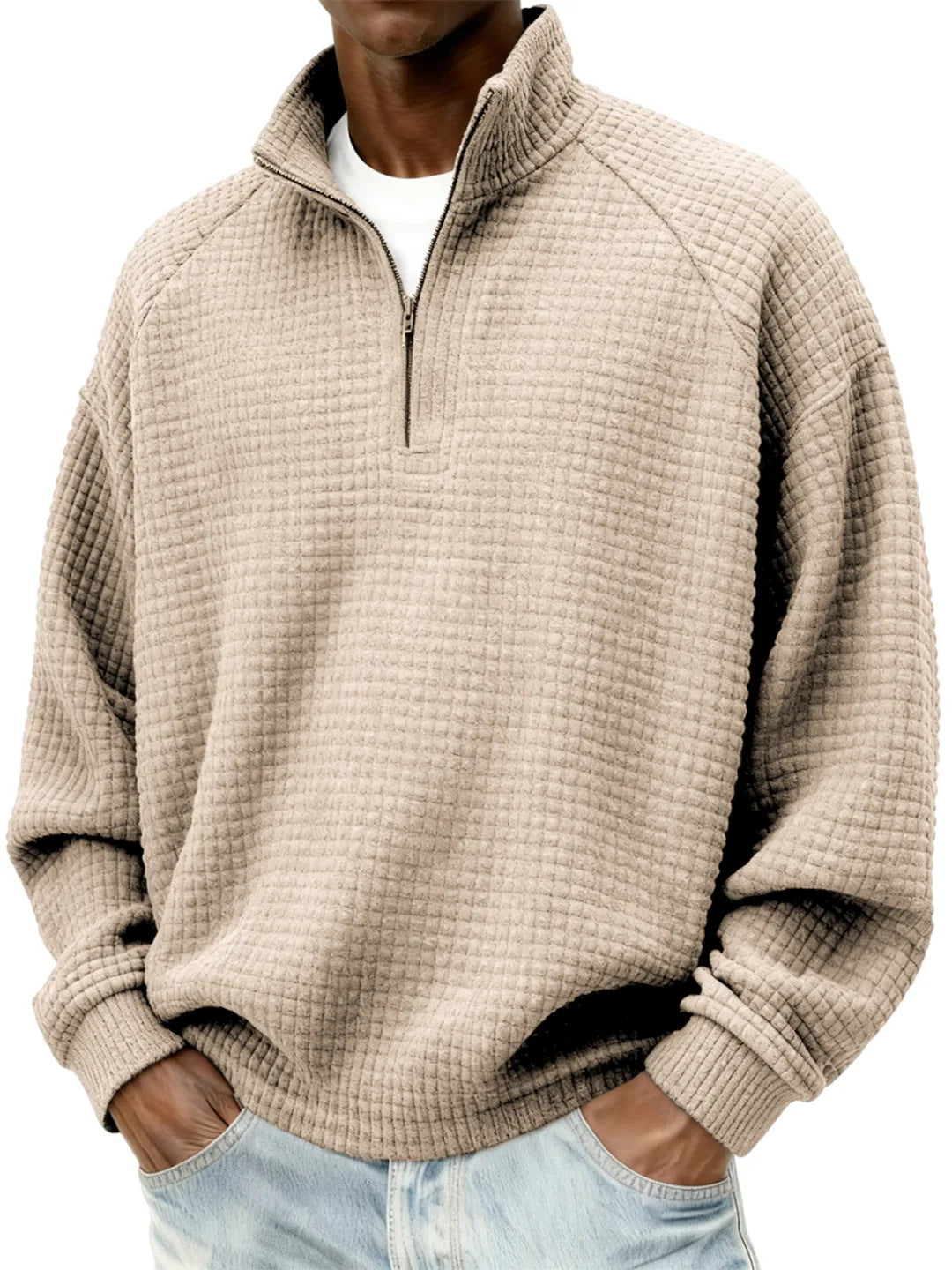 Men's Waffle Knit Oversized Sweater with Half-Zip and Stand-Up Collar Chichicherry