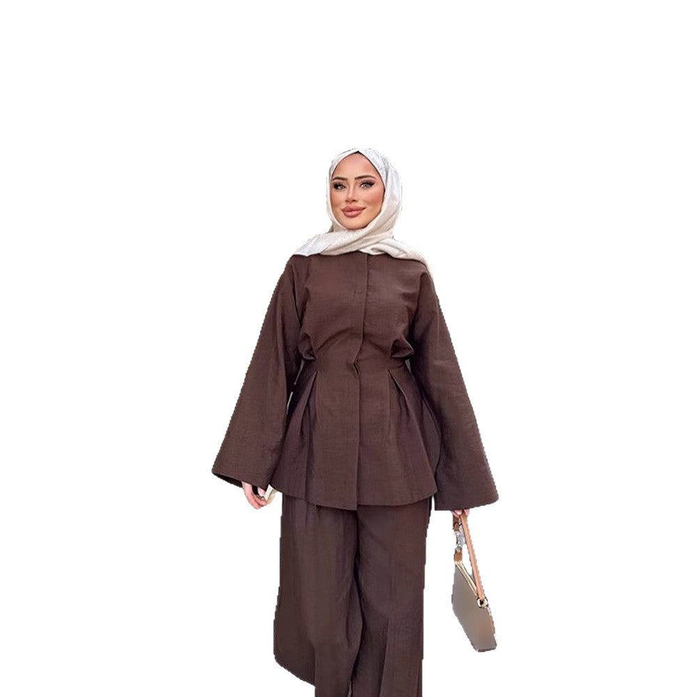 Ladies two-piece linen set with tailored pleat, wide leg and zip jacket Chichicherry