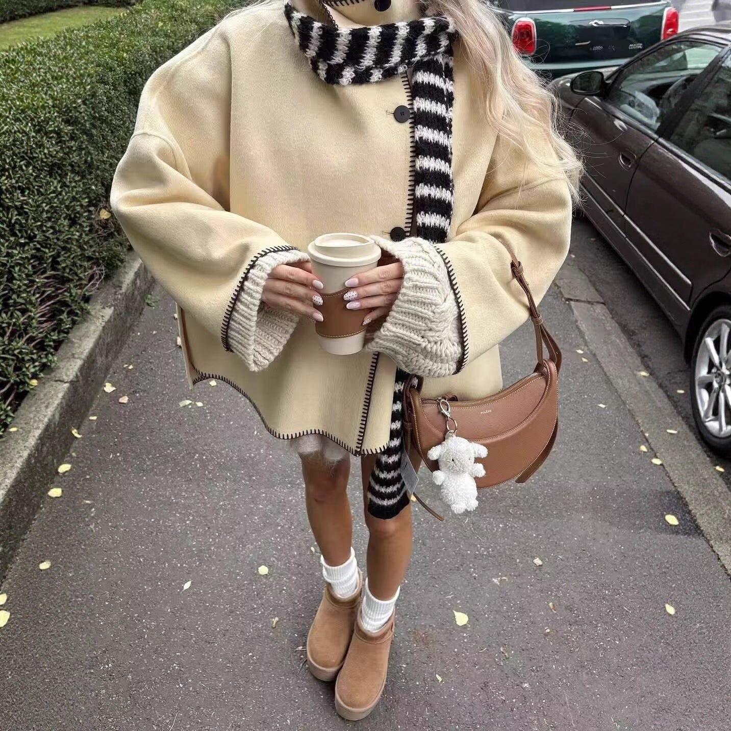 Women's Short Boxy Coat-Cape with Standing Collar and Contrast Decorative Stitch Chichicherry