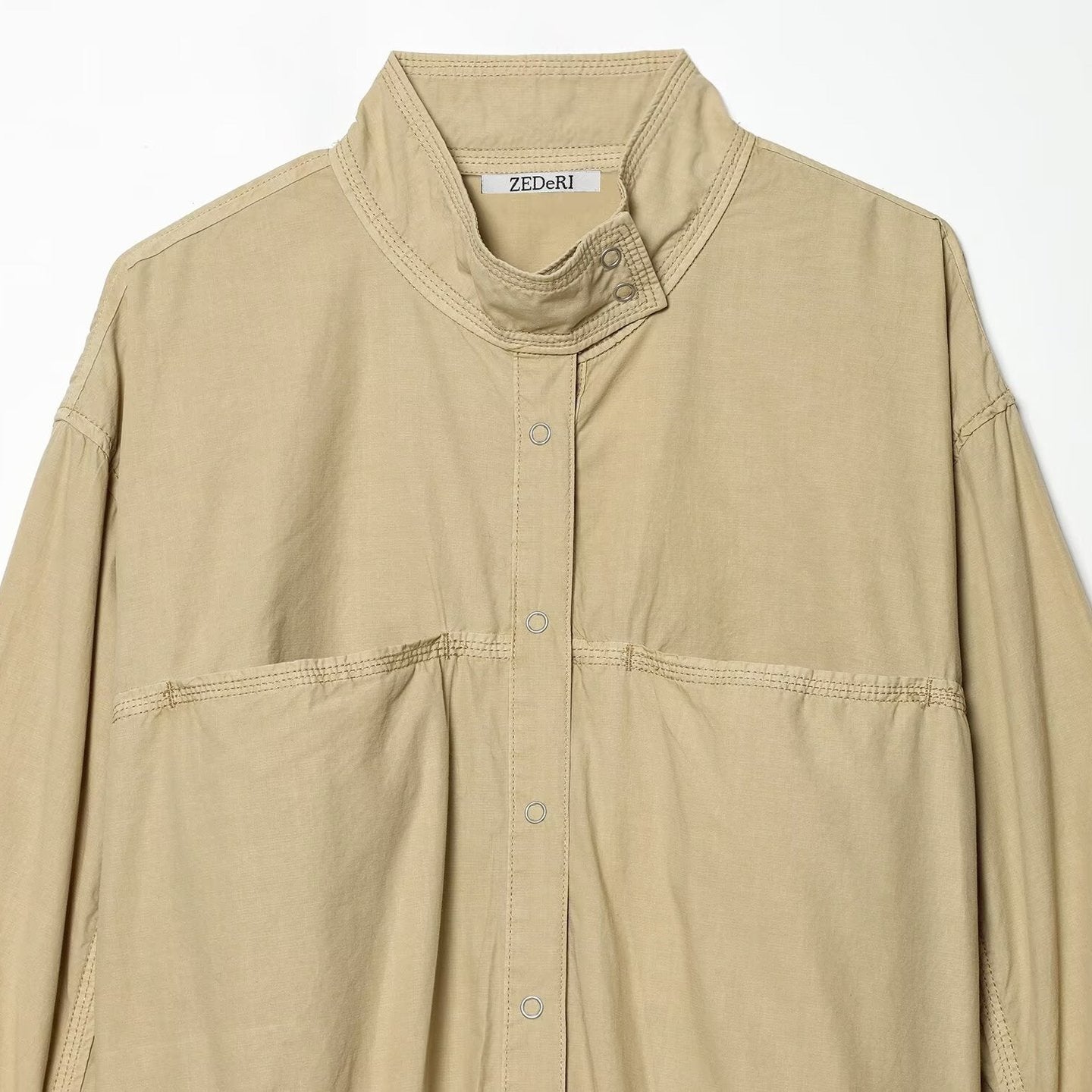 Women's Cropped Bomber Jacket with Stand-Up Collar, Snap Button Placket and Gathered Sleeves Chichicherry