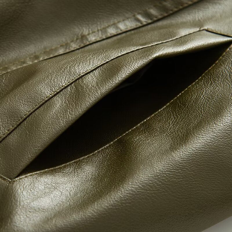 Women's Oversize Faux Leather Blouson with Elastic Hem, Slanted Zipper Chest Pocket and Zipper Sleeves Chichicherry