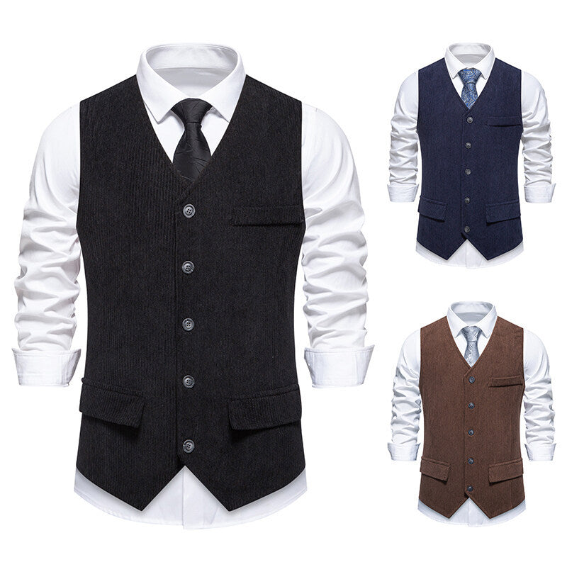 Men's Tailored Business Waistcoat made of Structured Fabric with V-Neck and Decorative Buttons Chichicherry