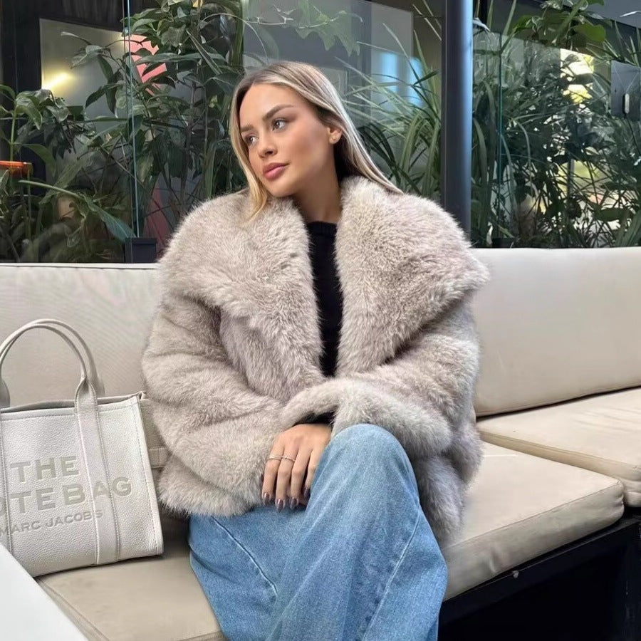 Ladies Short Boxy Faux Fur Jacket with Wide Shawl Collar and Long Fiber Faux Fur Chichicherry