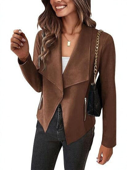 Women Faux Suede Waterfall Blazer with Asymmetrical Hem and Zipper Pockets Chichicherry