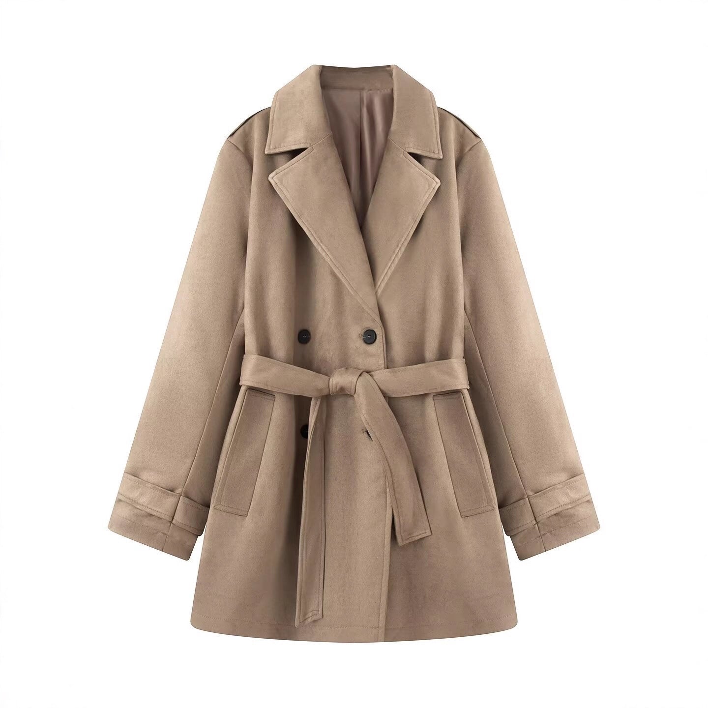 Women's Tailored Suede Look Trench Coat with Belt and Double Breasted Button Placket Chichicherry
