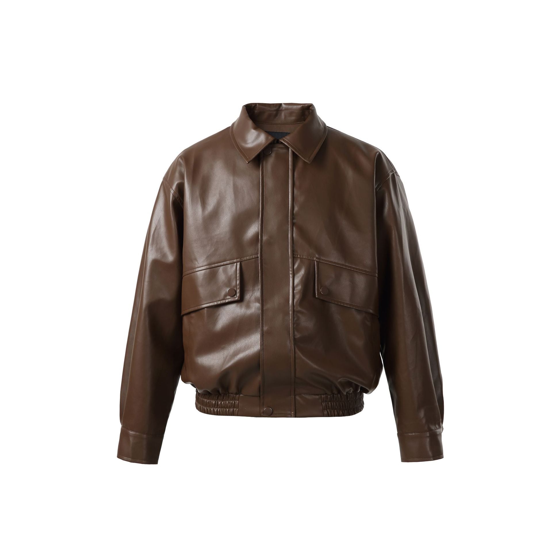 Unisex Short Cut Faux Leather Bomber Jacket with Boxy Cut Chichicherry