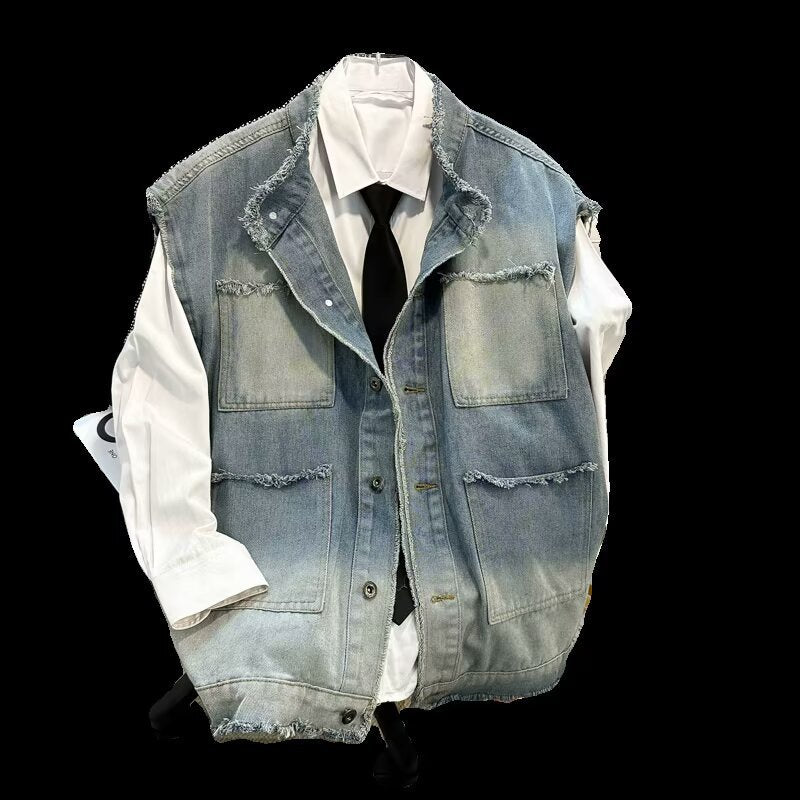 Herren Ärmellose Denim‑Weste im Vintage‑Used‑Look mit ausgefranster Saumkante und Ombre‑Fading Chichicherry
