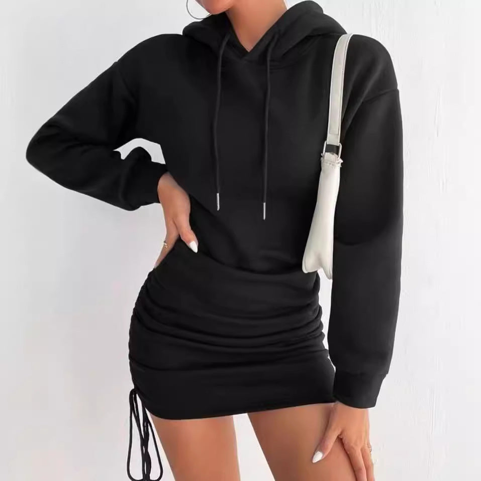 Damen Kapuzenkleid im Sweatshirt‑Stil mit gerafftem Minirock und Kordelzügen Chichicherry
