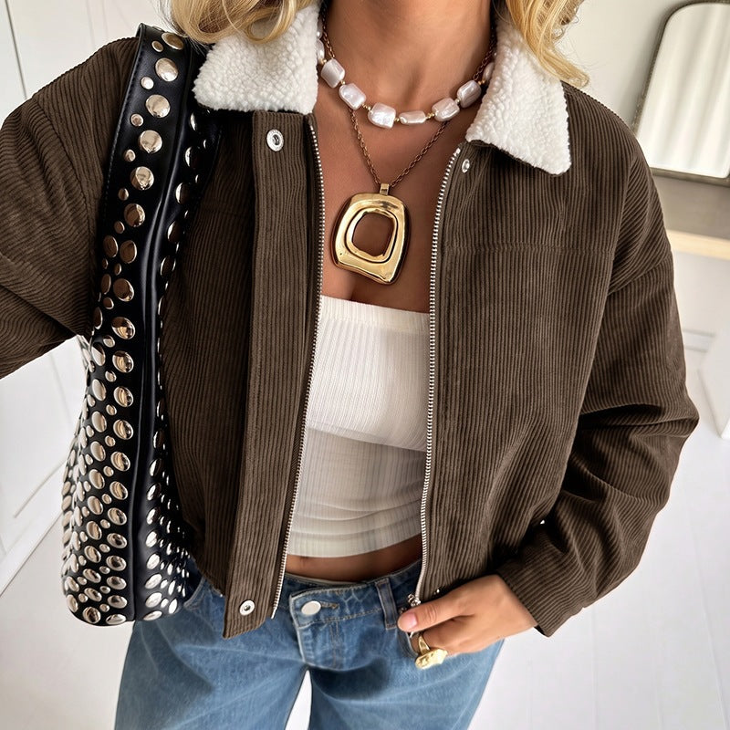 Women Short Cut Cord Jacket with Teddy Lining and Sheep Collar Chichicherry