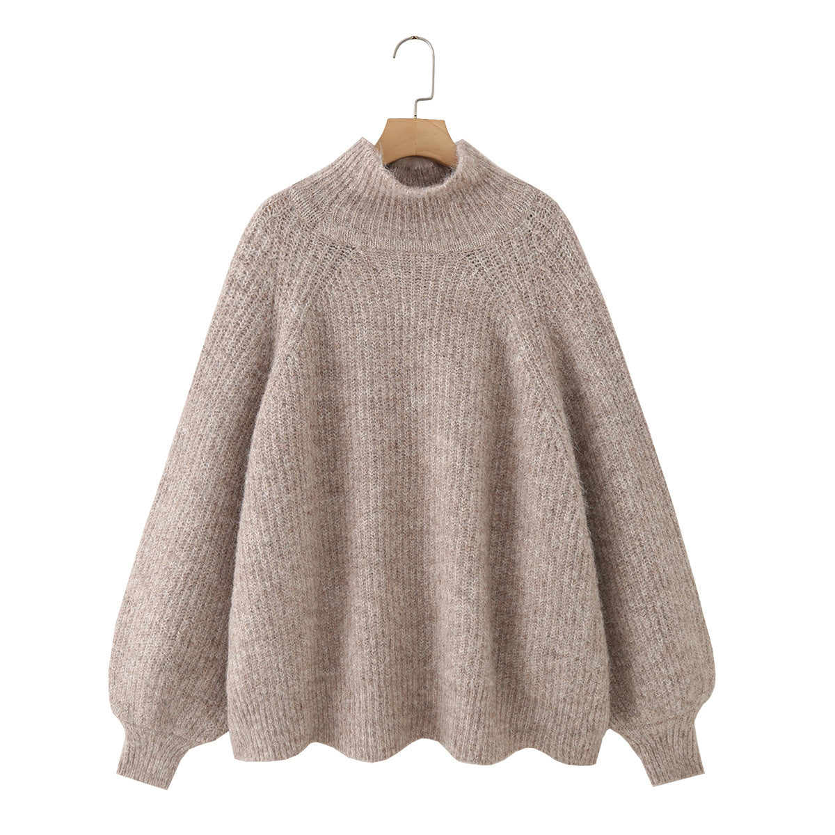 Women Oversize Mohair-Optic Knit Sweater with Stand-Up Collar and Balloon Sleeves Chichicherry