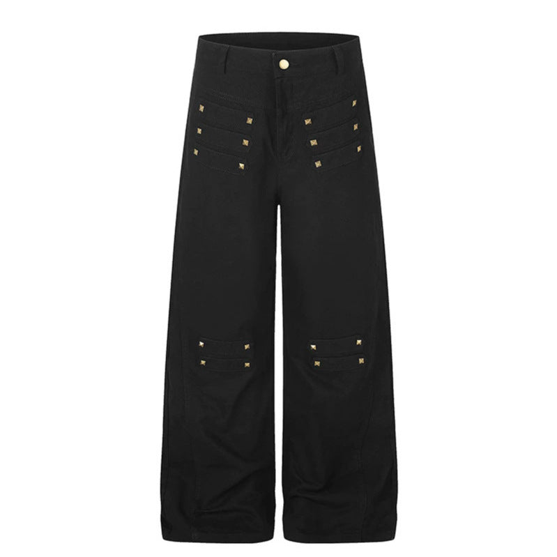 Women's Wide High-Waist Culotte Jeans in Utility Look with Decorative Tabs and Metal Rivets Chichicherry