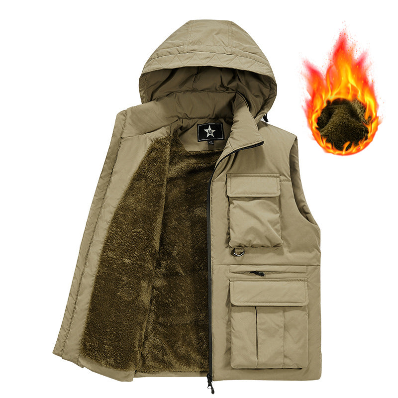 Men's Insulated Utility Vest with Hood, Teddy Lining and Multi-Functional Pockets Chichicherry