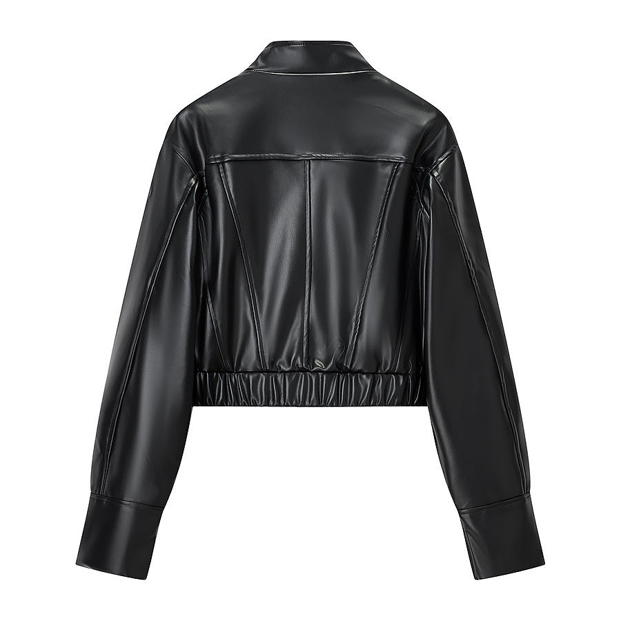 Women's Cropped Boxy Faux Leather Jacket with Stand Collar and Constructive Dart Seams Chichicherry