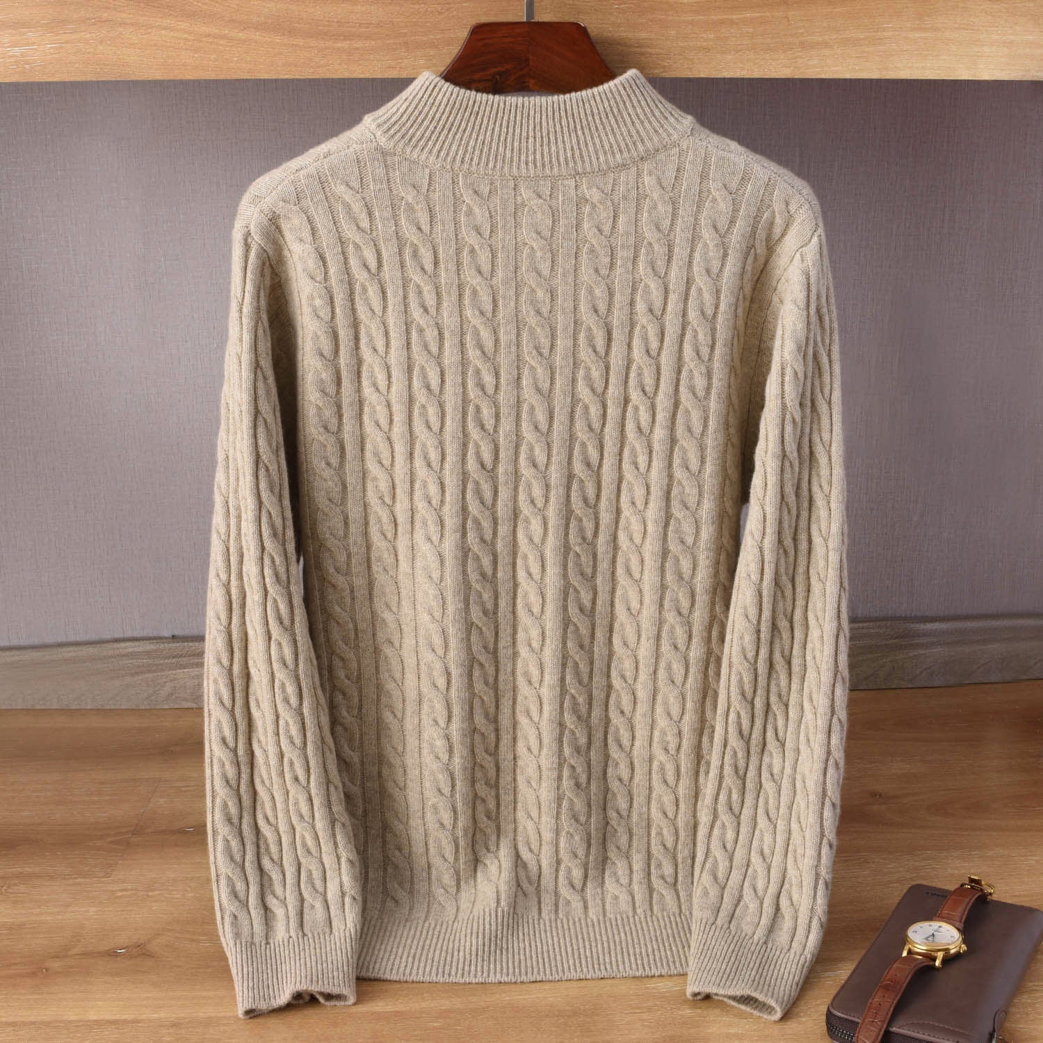 Men's cable knit half-zip pullover made of soft wool blend with stand-up collar Chichicherry