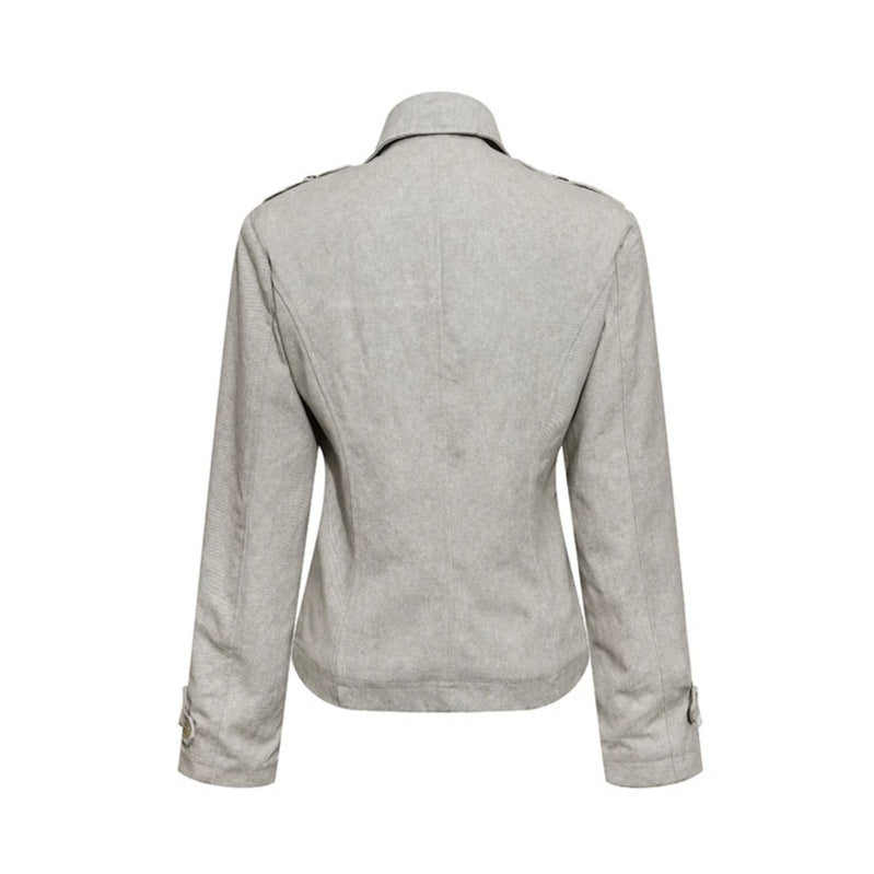 Women Short Double-Breasted Peacoat with Stand Collar and Waist Chichicherry
